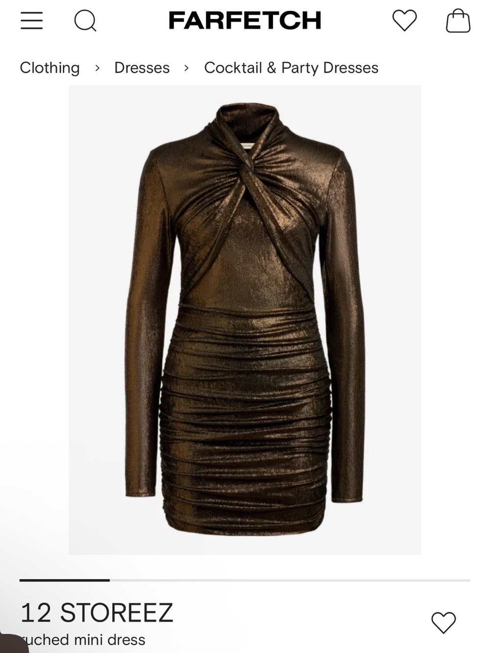 Metallic Bronze Ruched Long-Sleeve Mini Dress